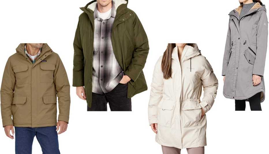 Patagonia Men’s Isthmus Parka in Classic Tan; Old Navy Hooded Utility Parka for Men in Conifer; Columbia Women’s Rosewood Parka in Dark Stone; Orolay Women’s Thicken Fleece Lined Parka Hooded Winter Coat/Jacket in Brushed Nickel