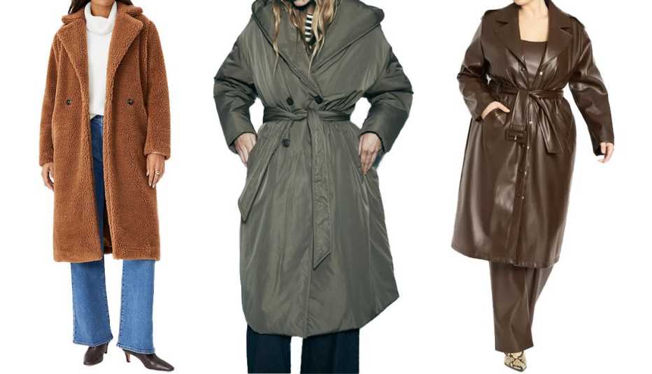 Ann Taylor Sherpa Double Breasted Coat in Iced Mocha; Zara Water and Wind Protection Puffer Coat in Khaki; Eloquii Belted Faux Leather Coat in Hot Fudge