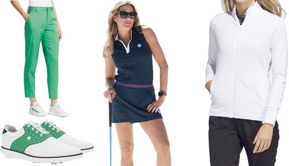 FootJoy MyJoys Traditions Spiked Women in White/Shinning Green/Forest Green Croc Print; RLX Golf Stretch Twill 5-Pocket Pant in Raft Green; Course & Court Match Play Polo in Navy; Adidas Women’s Textured Full-Zip Jacket in White