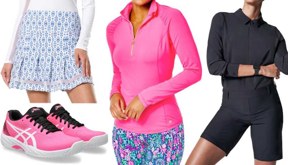 ASICS Gel-Game 9 Pickleball in Hot Pink/White; Lucky in Love Aruba Pleated Skort — Long; Lilly Pulitzer 50+ Luxletic Justine Pullover in Pink Grenadine; Spanx Sunshine Shorts, 10” Bermuda in Very Black