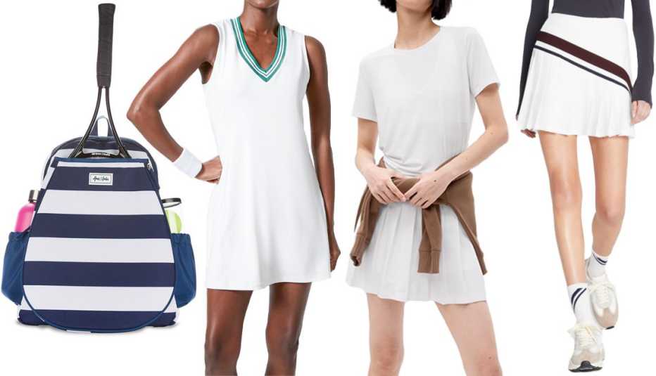 Ame & Lulu Women’s Game On Tennis Backpack in Navy/White; Tnuck Sport White Tennis dress; GapFit Breathe T-Shirt in Optic White; Tory Burch Chevron Pleated Tennis Skirt in Snow White/Winetasting