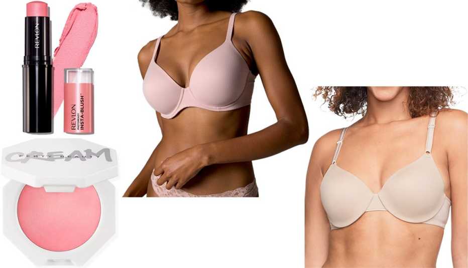 Fenty Beauty by Rihanna Cheeks Out Freestyle Cream Blush in Pinky Promise; Revlon Insta-Blush in Candy Kiss; Soma Embraceable Perfect Coverage Bra in Adobe Rose; Warner’s This Is Not a Bra Cushioned Underwire Lightly Lined T-Shirt Bra 1593 in Toasted Almond