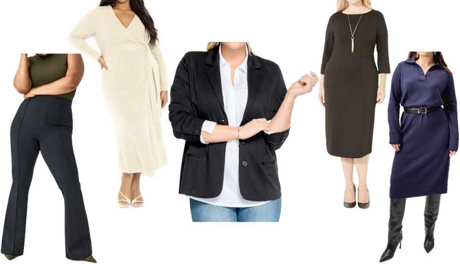 Spanx The Perfect Pant Hi-Rise Flare in Classic Black; Eloquii Women’s Plus Size Sweater Wrap Dress in White Smoke; Ellos Women’s Plus-Size Ponte Knit Blazer in Black; Liz & Me Women’s Plus Size Ponte Knit Dress in Black; H&M Knit Dress with Collar in Navy Blue