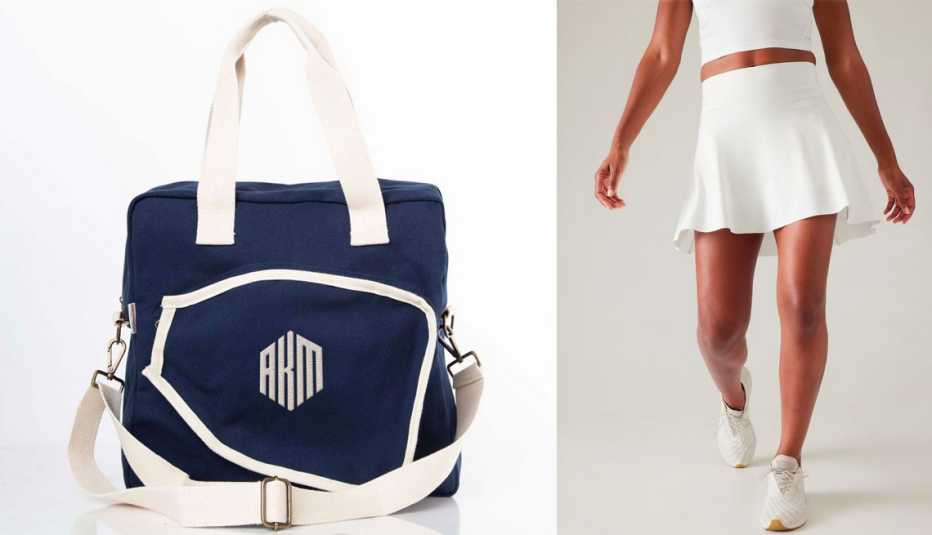 Embroidered Pickle Ball Bag Canvas With Monogram in Navy with Lime Stitching; Ace Tennis Skort 15.5” in Bright White