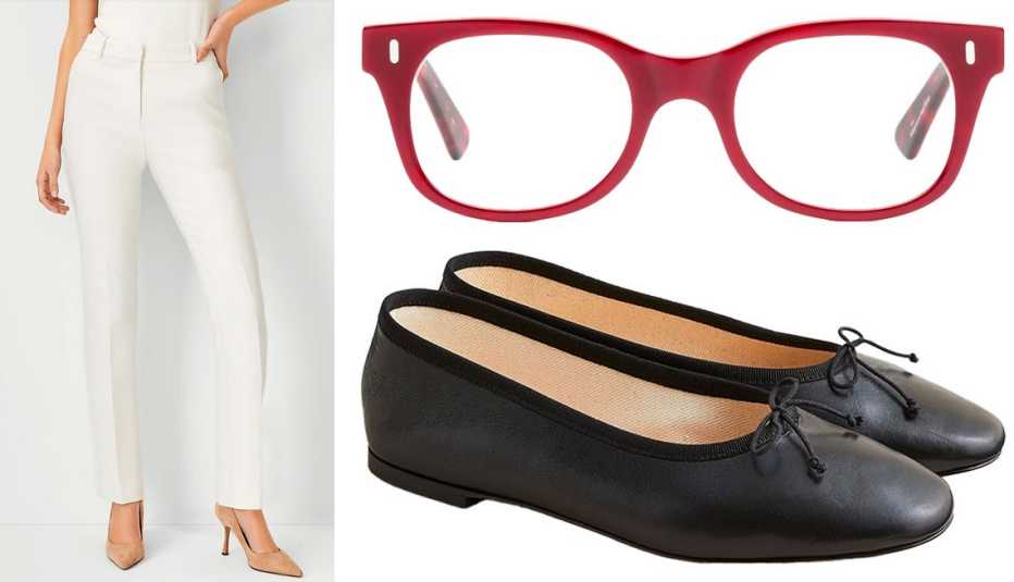The Sofia Straight Pant in Winter White; Bixby Readers in Hemognar; Zoe Ballet Flats in Leather in Black