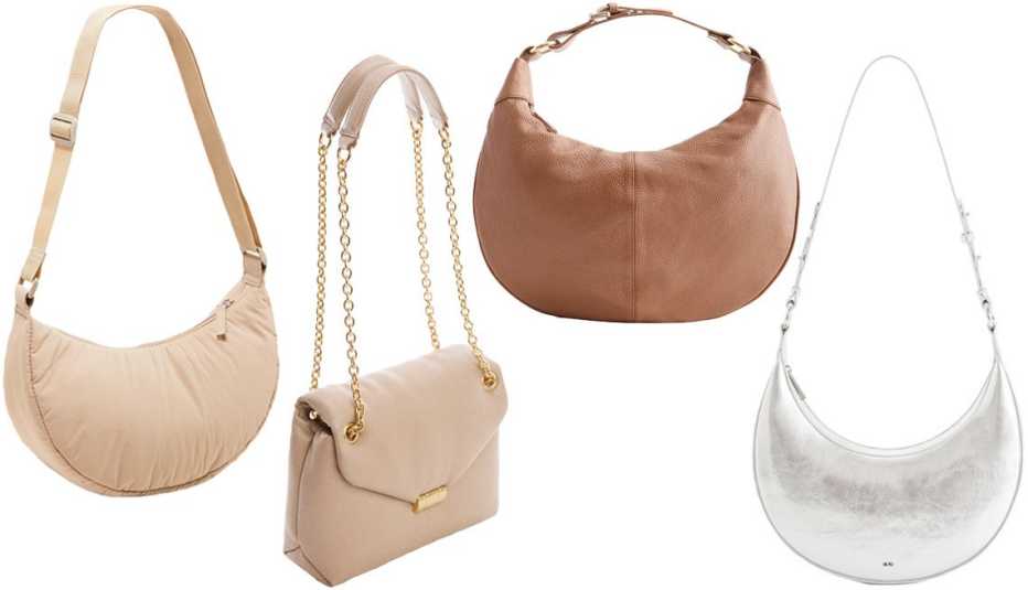 Old Navy Crescent Crossbody Bag for Women in Taupe; Mango Quilted Bag with Flap in Light/Pastel Brown; Quince Italian Leather Shoulder Bag in Cognac; JW Pei Carly Metallic Saddle Bag in Silver