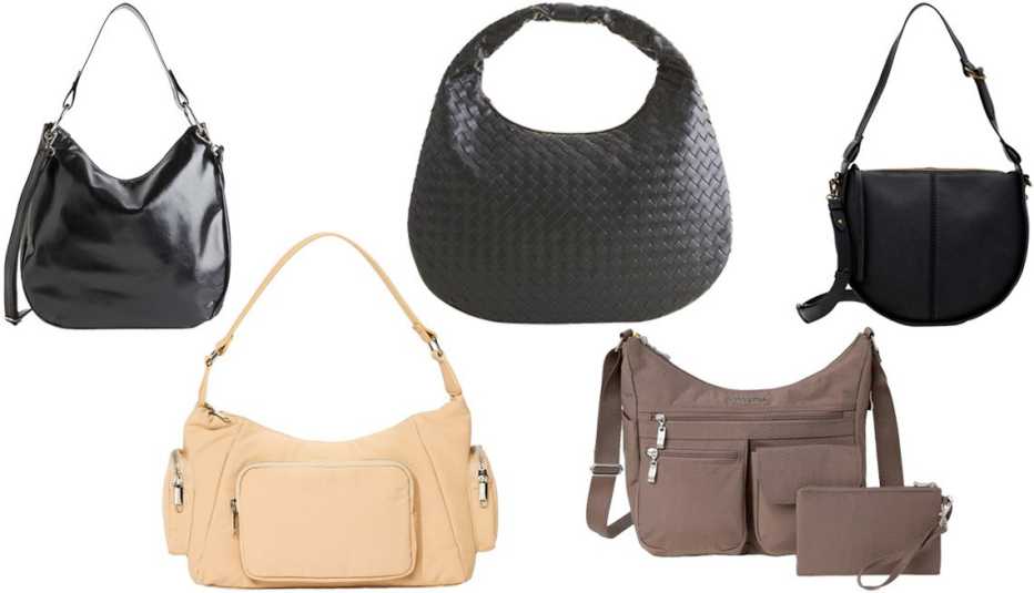 H&M Women Bag in Black; Wild Fable Utility Shoulder Bag in Tan; Abercrombie & Fitch Women’s Everyday Shoulder Bag in Black; Baggallini Women’s Everywhere Bagg Crossbody Bag in Portobello; Time and Tru Women’s Bryxton Saddle Shoulderbag in Black with Removable Crossbody Strap