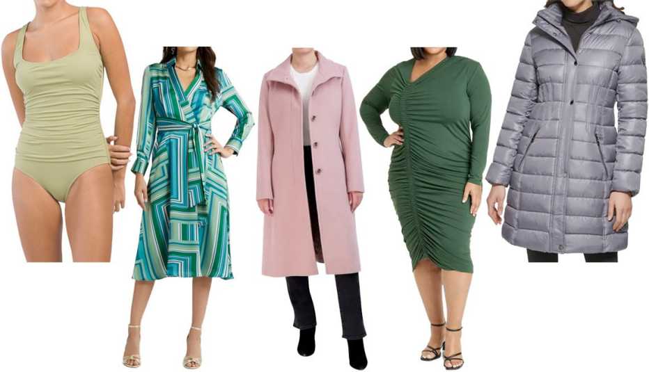 Anne Cole Classic Square Neck One-Piece Swimsuit in Sage; Tahari ASL Abstract Print Long Sleeve Satin Midi Dress; Cole Haan Minimal Wool Blend Car Coat in Dusty Rose; Ava & Viv Long Sleeve Asymmetrical Cinched Midi Bodycon Dress in Green; Guess Water-Resistant Hooded Quilted Puffer Jacket in Grey