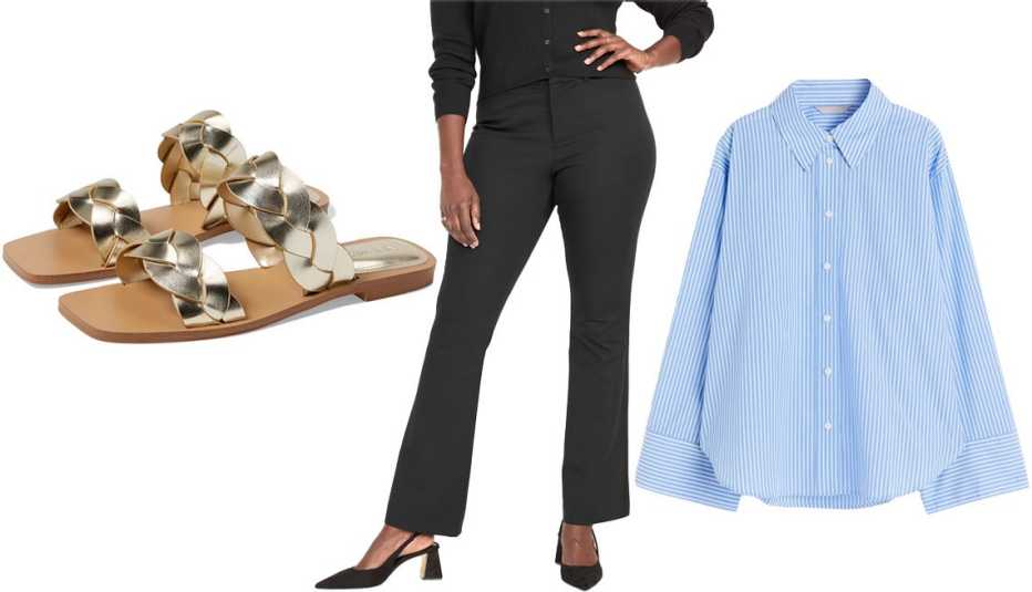 Nine West Riner 3 in Platino; Old Navy High-Waisted Pixie Flare Pants for Women in Black Jack; H&M Women Oversized Cotton Shirt in Blue/Striped