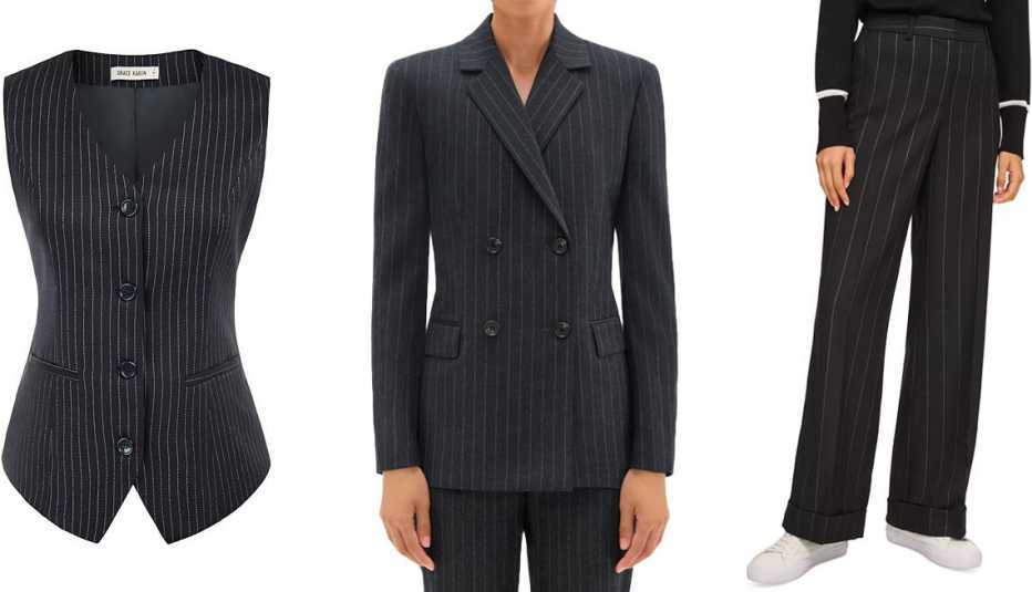 Grace Karin Women’s Waistcoat Vest in Blue Pinstripe; Double-Breasted Slim Blazer in Pinstripe Wool Flannel; Karl Lagerfeld Paris Women's Metallic Pinstripe Pants in Black/Gunmetal