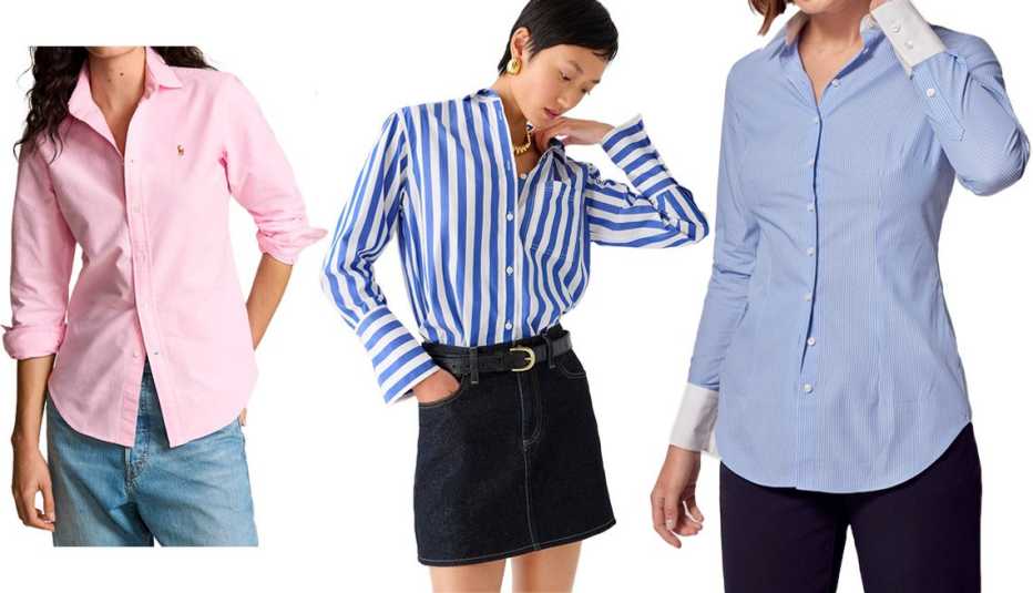Classic Fit Oxford Shirt in Bath Pink; Garcon Classic Shirt in Stripe Cotton Poplin in Regal Blue; Executive Blue and White Fine Stripe Fitted Shirt - White Collar and Cuffs