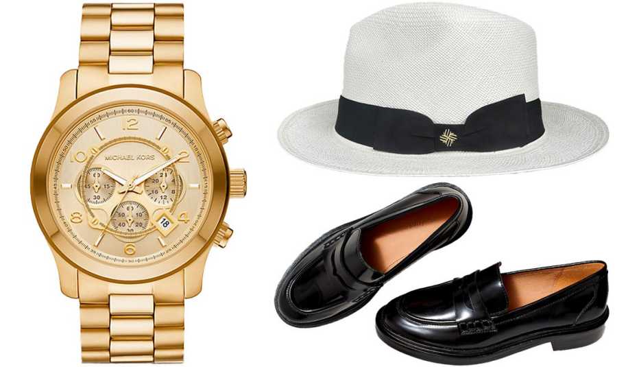 Oversized Runway Gold-Tone Watch; Handmade Authentic Panama Hat/Unisex; The Vernon Loafer in Leather in True Black