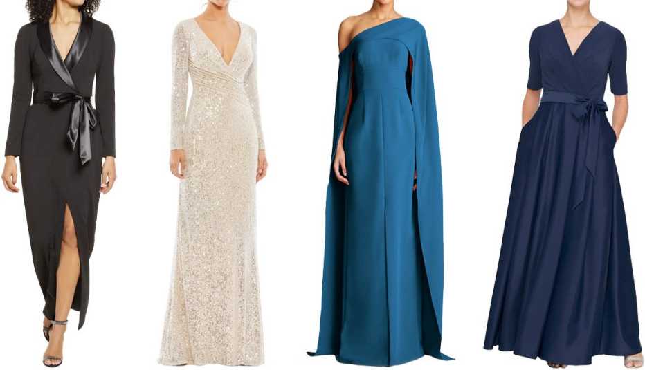 Eliza J Long-Sleeve Tuxedo Gown in Black; Mac Duggal Sequin Long-Sleeve Trumpet Gown in Nude Silver; Halston Elyria One-Shoulder Crepe Cape Gown; Petite Surplice Neckline Ballgown with Full Satin Skirt & Jersey Bodice in Navy