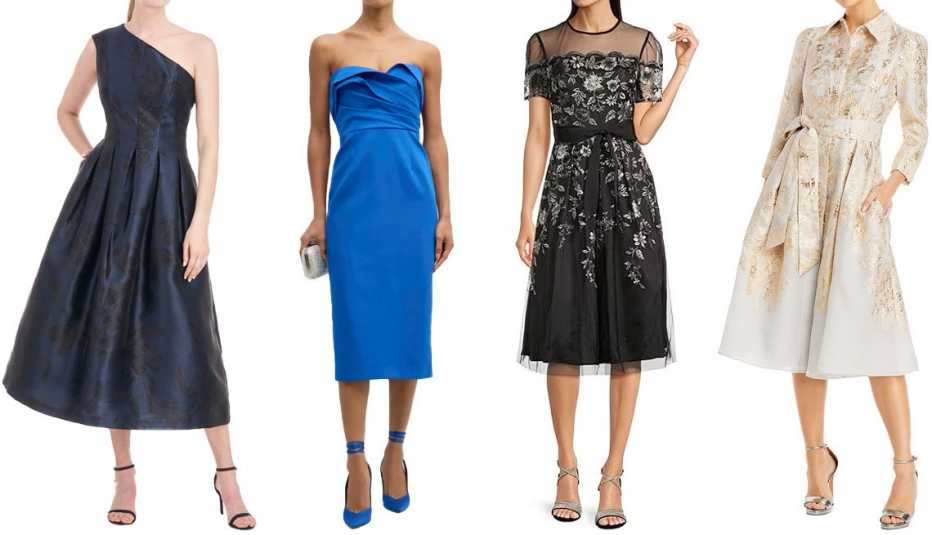 Carlan Tea Length Dress in Night Blue; Milly Strapless Pleated Crepe Midi Dress in Adriatic; Eliza J Illusion Crew Neck Short Sleeve Floral Embroidered A-Line Midi Dress in Black; Teri Jon by Rickie Freeman Metallic Jacket Dress in Gold