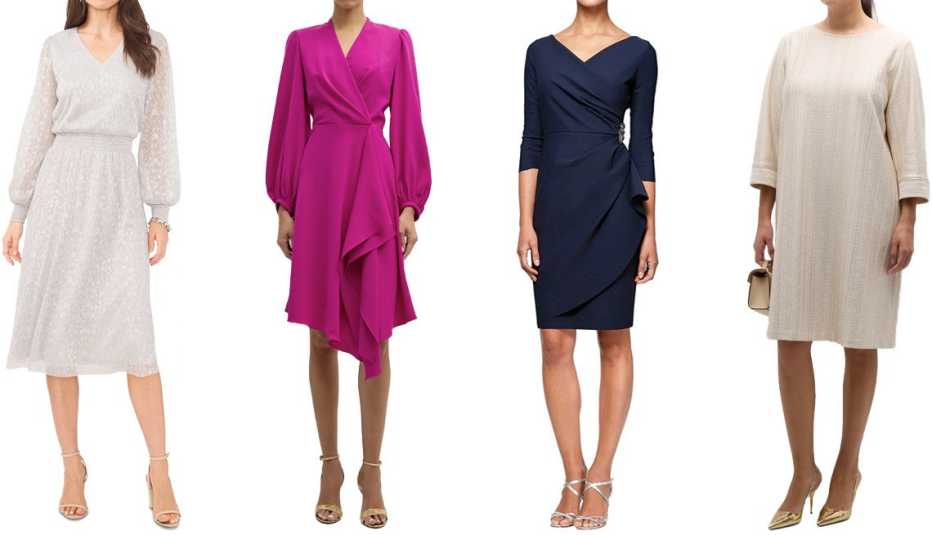 MSK Women’s V-Neck Metallic Midi Fit & Flare Dress; Black Halo Emberly Draped Faux-Wrap Midi Dress in Berry Plum; 3/4 Sleeve Short Compression Collection Surplice Sheath Dress with Beaded Hip Detail and Cascade Ruffle Detail in Navy; Caroline Rose Golden Glow Plus Size Knit Dress in Ivorygold