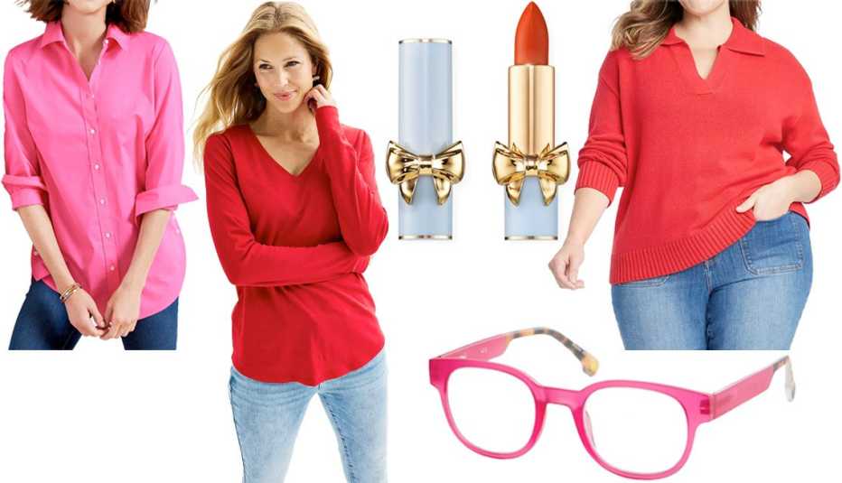 Talbots Side Button Boyfriend Shirt in Pink Geranium; Sonoma Goods For Life Everyday V-Neck Long Sleeve Tee in Cherries; Pat McGrath Labs SatinAllure Lipstick in Crimson Ecstasy; Chico’s Magenta-Red & Faux Tort Readers in Red; Ava & Viv Women’s Open Collar Sweater in Red
