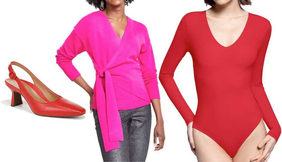 Vionic Perris Pump in Red; I.N.C. International Concepts Women’s Surplice Wrap Sweater in Pink Tutu; Pumiey Bodysuits for Women V Neck Long Sleeve Bodysuit - in Ruby