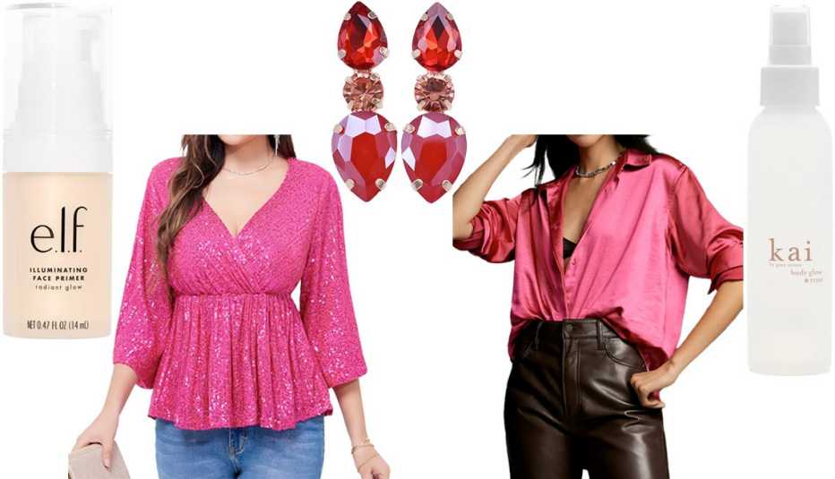 e.l.f. Illuminating Face Primer Radiant Glow; Wulful Women’s Sequin Sparkly V-Neck Peplum Top in Rose Red; New York & Company Jeweled Drop Earrings in Red; Good American Satin Buttondown Shirt in Pink; Kai Rose Body Glow
