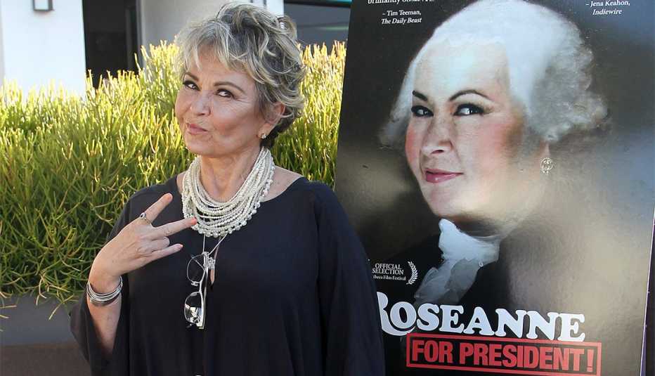 Roseanne Barr poses with Roseanne for President poster