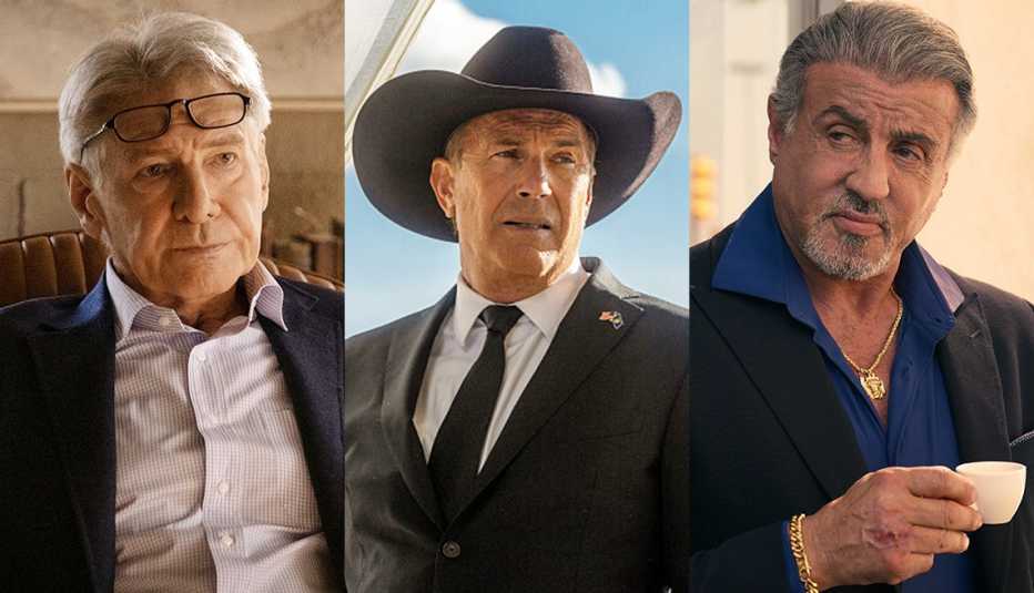 Harrison Ford with glasses lying on his forehead in the Apple TV Plus series Shrinking, Kevin Costner in a cowboy hat and suit in the Paramount Network series Yellowstone and Sylvester Stallone holding a tea cup in the Paramount Plus series Tulsa King
