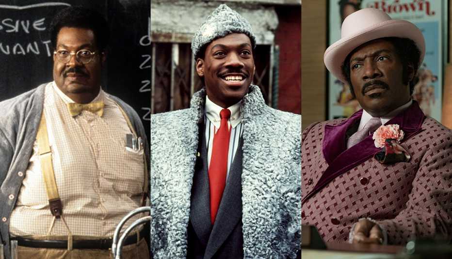 Stills of Eddie Murphy in the films The Nutty Professor, Coming to America and Dolemite Is My Name 