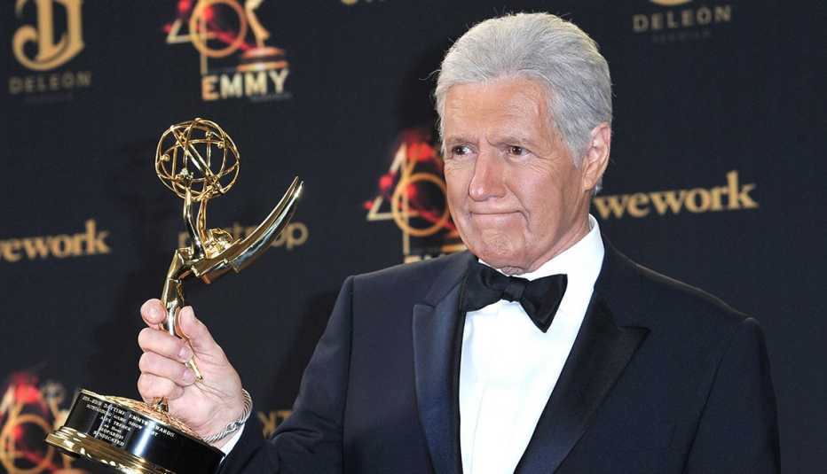 Alex Trebek poses in the press room with the award for outstanding game show host for Jeopardy at the 46th annual Daytime Emmy Awards at the Pasadena Civic Center on Sunday May 5 2019 in Pasadena California