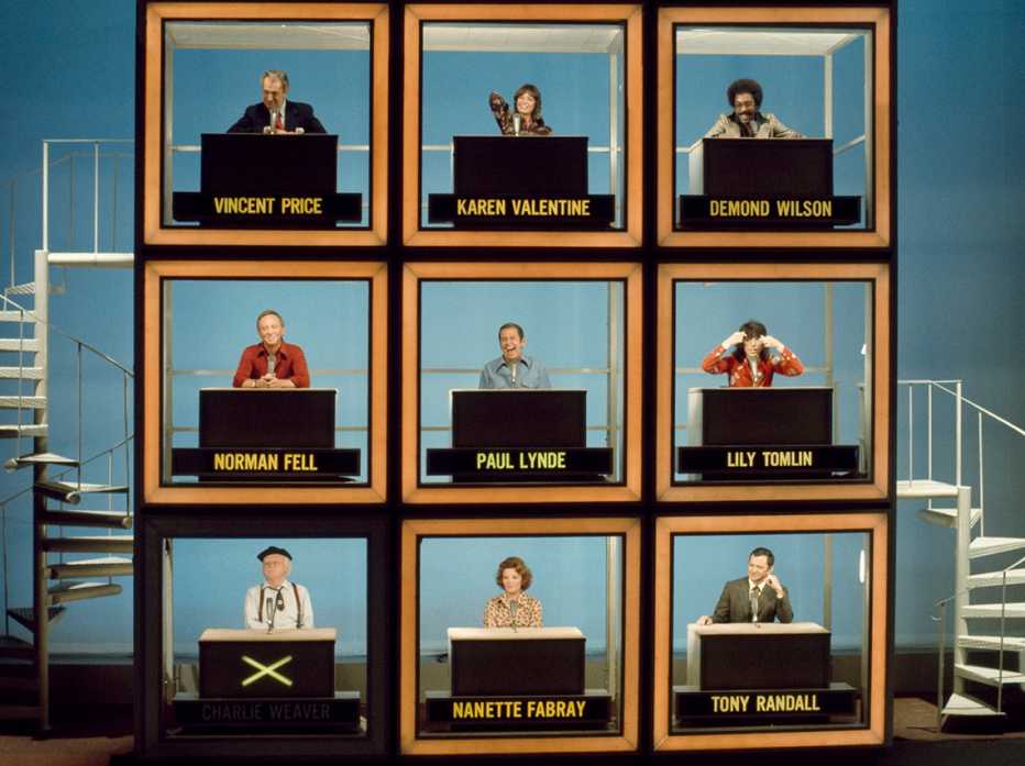 Vincent Price, Karen Valentine, Demond Wilson, Norman Fell, Paul Lynde, Lily Tomlin, Cliff Arquette as Charlie Wilson, Nanette Fabray and Tony Randall on Hollywood Squares