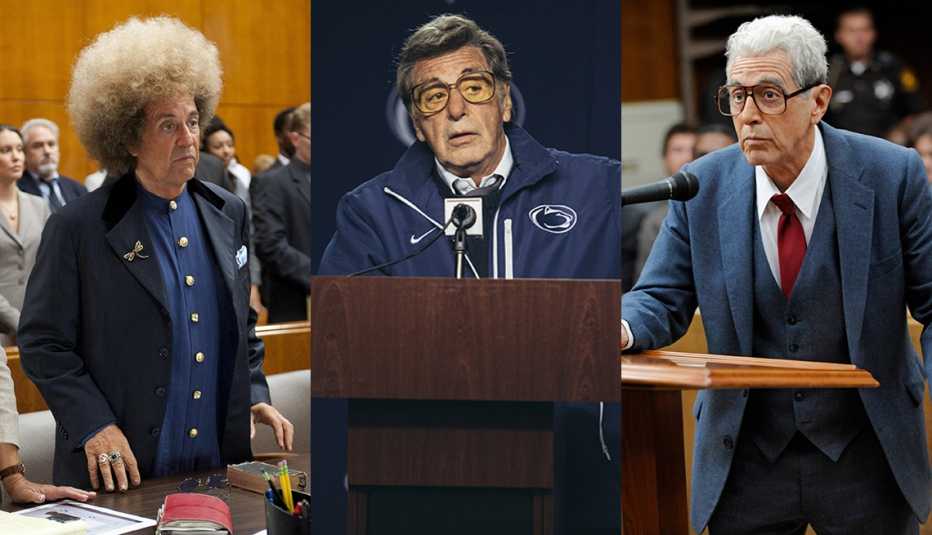 Side by side images of Al Pacino playing Phil Spector Joe Paterno and Doctor Jack Kevorkian