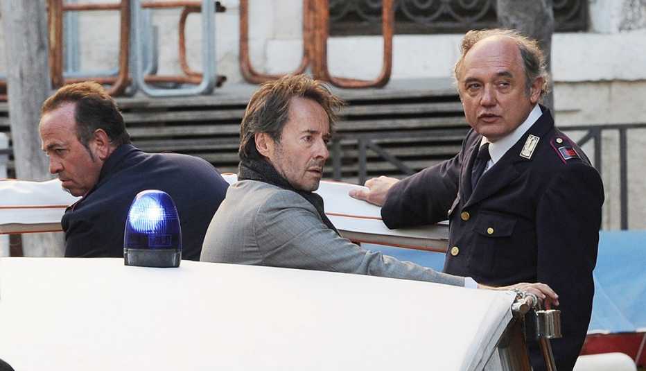Uwe Kockisch and Nico Benetti are seen on The Commissario Brunetti T V Series Set on November 5 2012 in Venice Italy