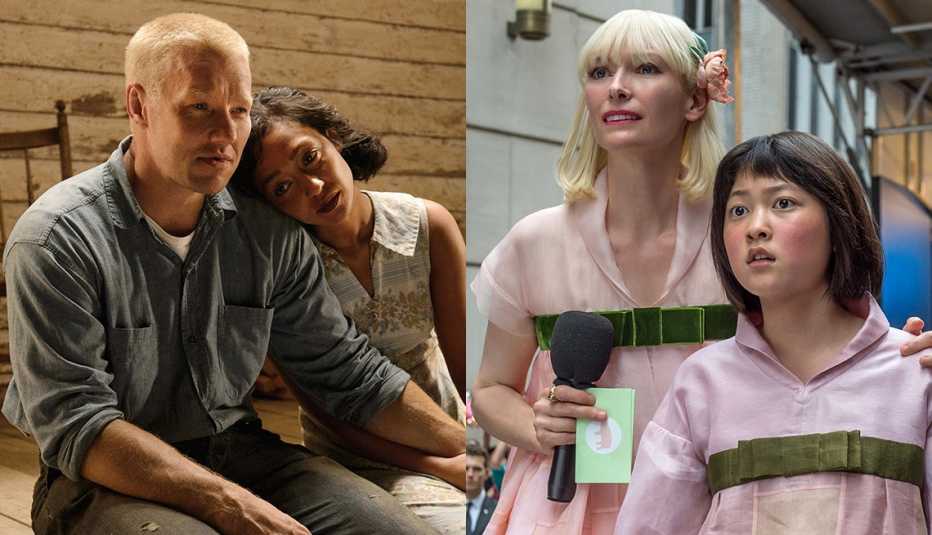 ruth negga leans her head on the shoulder of joel edgerton in the film loving and tilda swinton holds a microphone while placing her hand on the shoulder of an seo hyun in the film okja