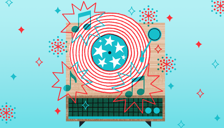 a record player with red and white stripes and white stars on blue representing patriotic music for the fourth of july