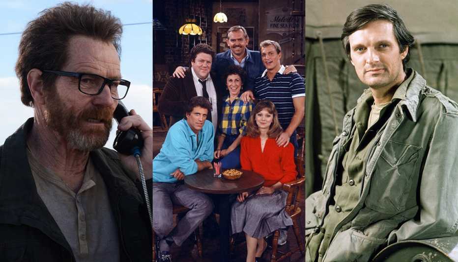 Side by side images of Bryan Cranston in Breaking Bad, the cast of Cheers and Alan Alda in MASH