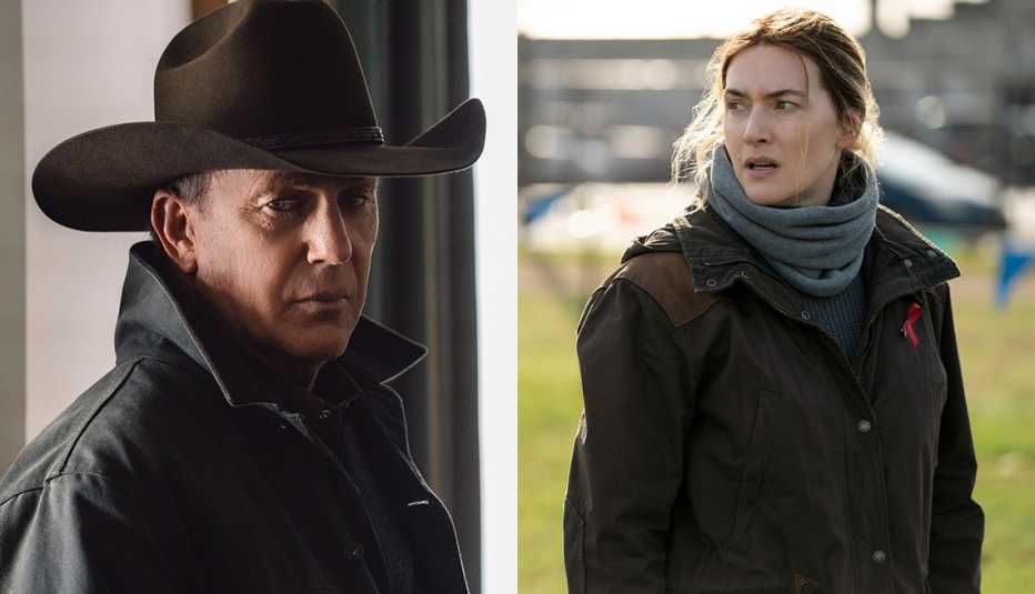 Kevin Costner starring in Yellowstone and Kate Winslet in Mare of Easttown