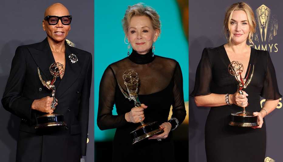 RuPaul, Jean Smart and Kate Winslet each holding their trophies from the 73rd Emmy Awards