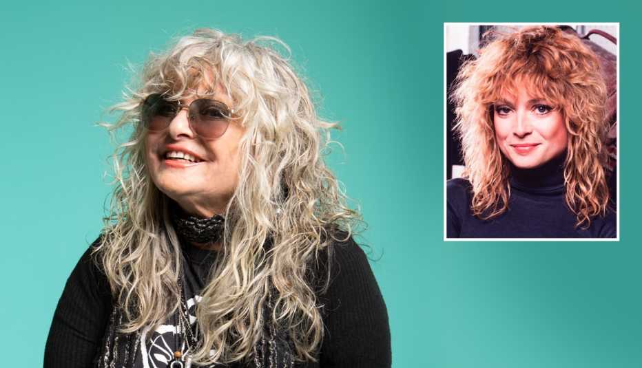 a photo of nina blackwood present next to a photo of her when she worked for m t v in nineteen eighty one