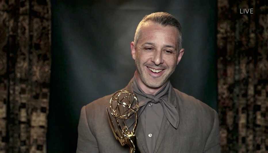 Jeremy Strong holds his Emmy after winning best actor in a drama series at the 72nd Emmy Awards