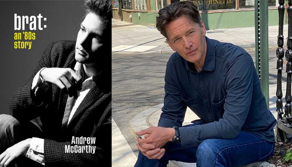 Side by side images of the book cover for Brat: An 80s Story and Andrew McCarthy
