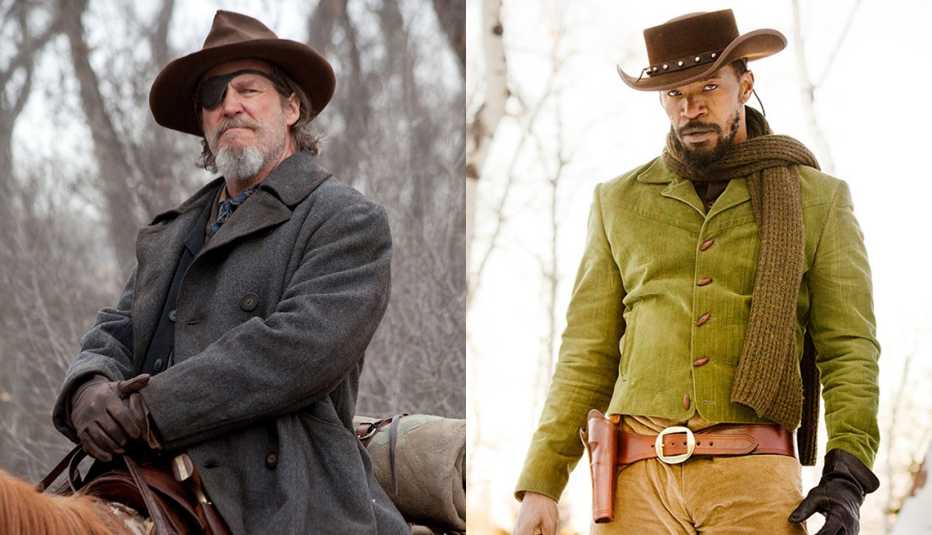 Jeff Bridges riding a horse in the film True Grit and Jamie Foxx in a scene from Django Unchained