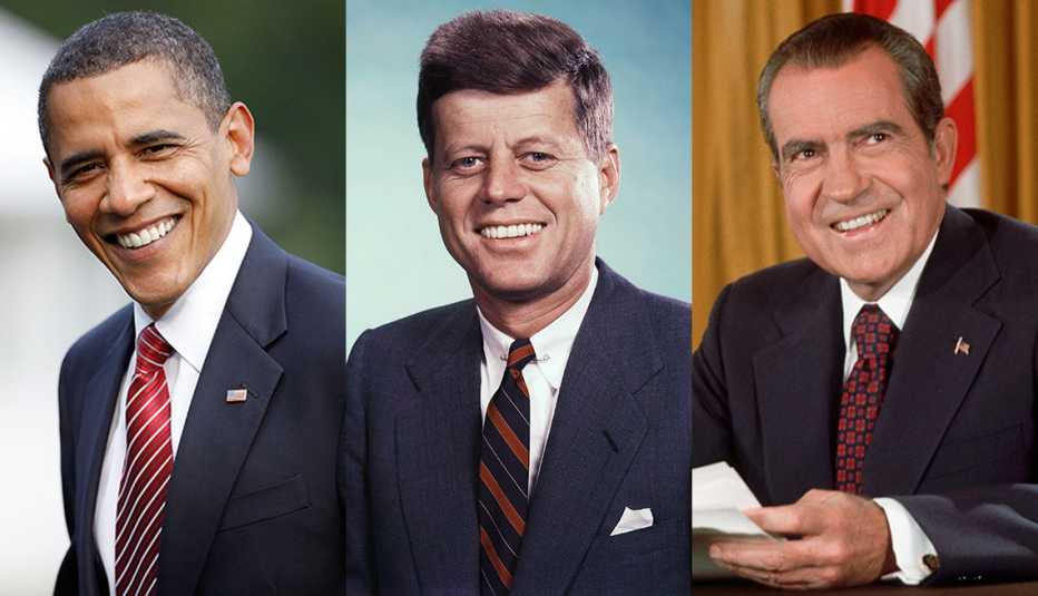 Side by side images of Barack Obama, John F. Kennedy and Richard Nixon all smiling