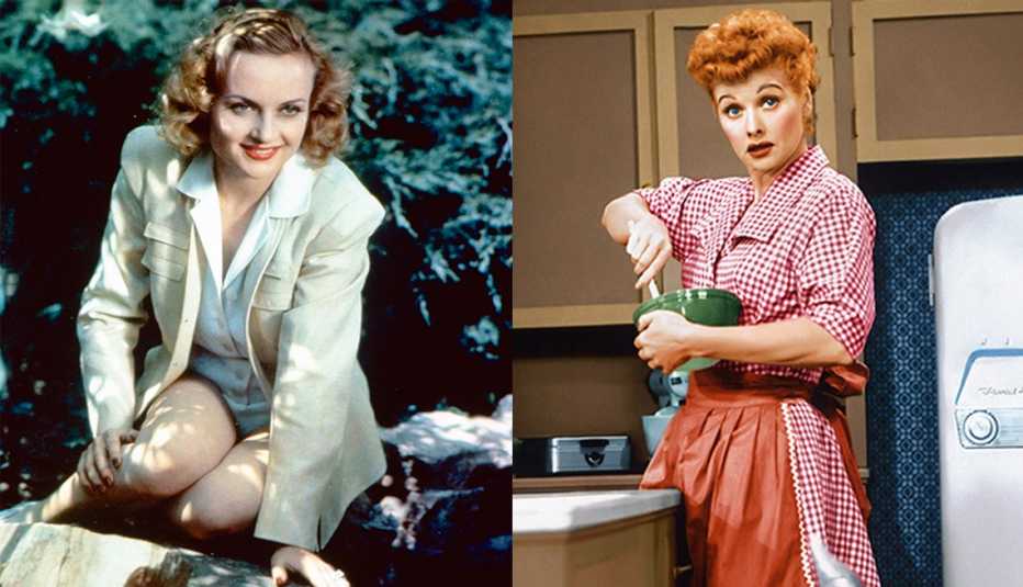 Actress Carole Lombard  dressed in a yellow dress jacket and shorts for a country excursion and Lucille Ball using a mixing bowl in a kitchen for a scene in I Love Lucy
