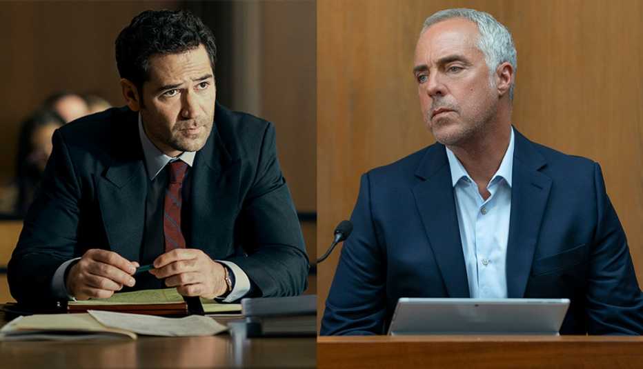 Manuel Garcia Rulfo sitting in a courtroom in The Lincoln Lawyer and Titus Welliver taking the stand in a courtroom in Bosch Legacy
