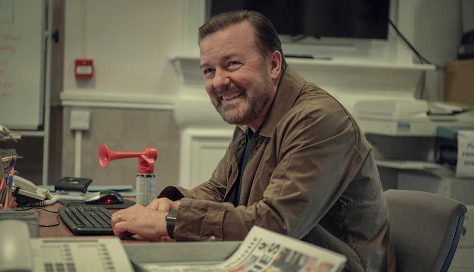 Ricky Gervais smiling in a scene from the Netflix series After Life