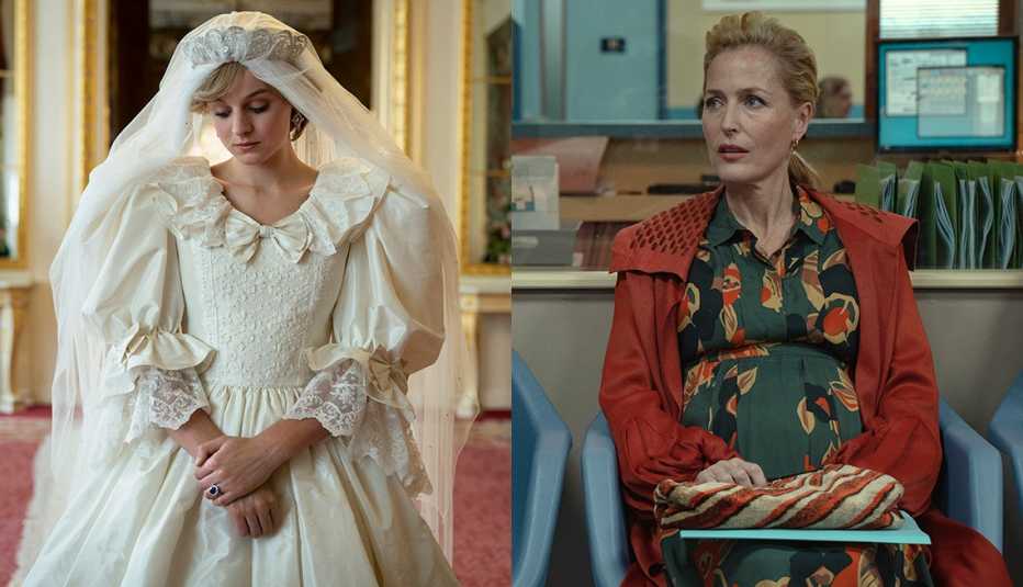 Emma Corrin wearing a wedding dress as Princess Diana in The Crown and Gillian Anderson sitting in a waiting room in Sex Education