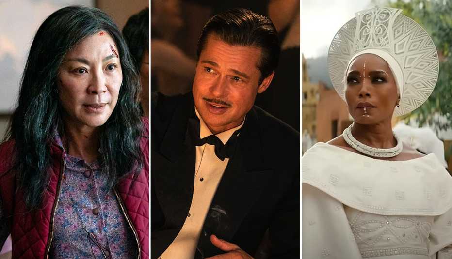 Michelle Yeoh stars in the film Everything Everywhere All at Once; Brad Pitt stars in the film Babylon and Angela Bassett stars in the film Black Panther: Wakanda Forever