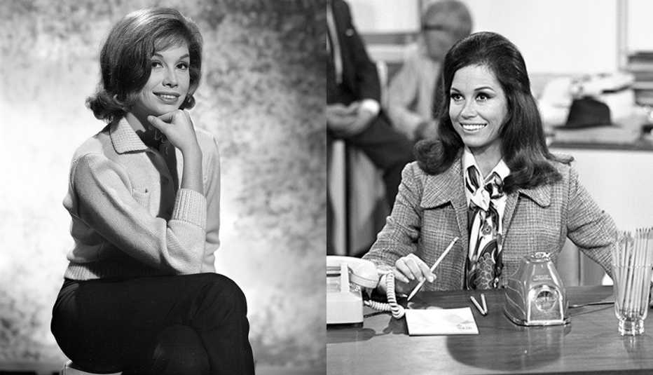 Mary Tyler Moore as Laura Petrie in The Dick Van Dyke Show and Moore as Mary Richards in The Mary Tyler Moore Show