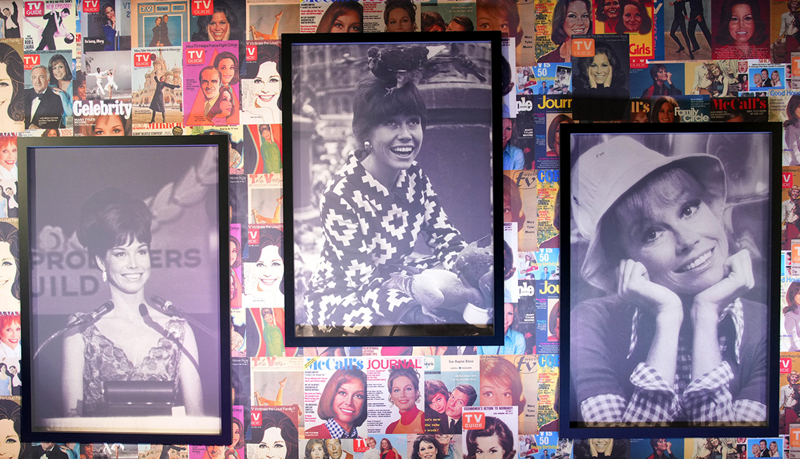 Portraits and magazine covers featuring Mary Tyler Moore displayed at the Los Angeles Premiere of the HBO documentary Being Mary Tyler Moore