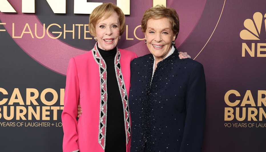 Carol Burnett and Julie Andrews pose for a picture on the red carpet at the NBC special Carol Burnett: 90 Years of Laughter + Love in Los Angeles