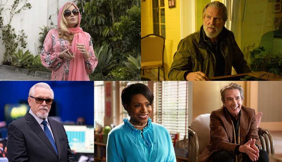 jennifer coolidge in a scene from the white lotus jeff bridges in the old man martin short stars in only murders in the building sheryl lee ralph smiles in abbott elementary and brian cox in a scene from succession