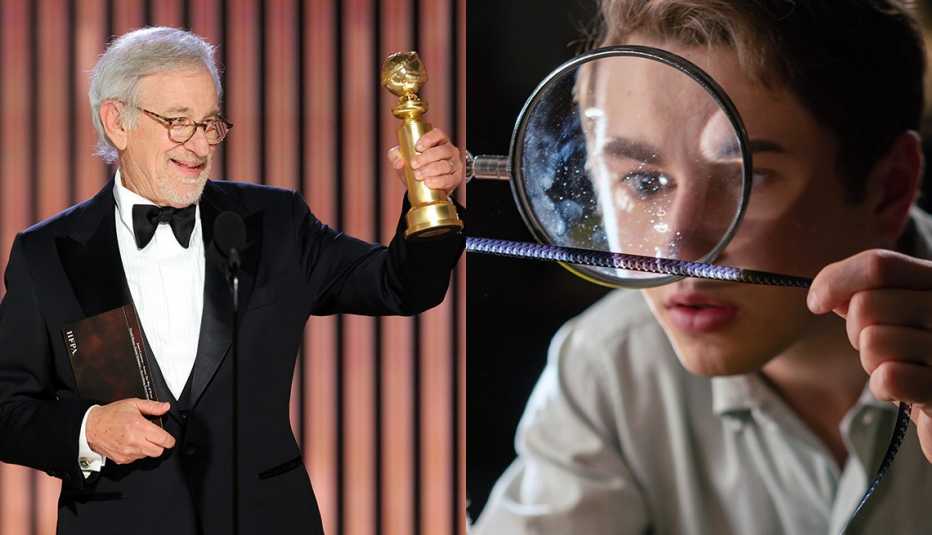 Steven Spielberg holding his best director trophy at the 80th Annual Golden Globe Awards; a scene from the film The Fabelmans