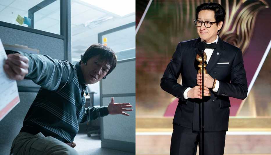 Ke Huy Quan in a scene in the film Everything Everywhere All at Once" and Quan accepting his Golden Globe Award onstage